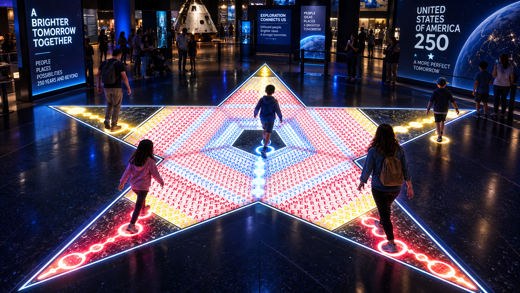 Concept visualization of a possible interactive Great American Star floor installation with illuminated visitor paths.
