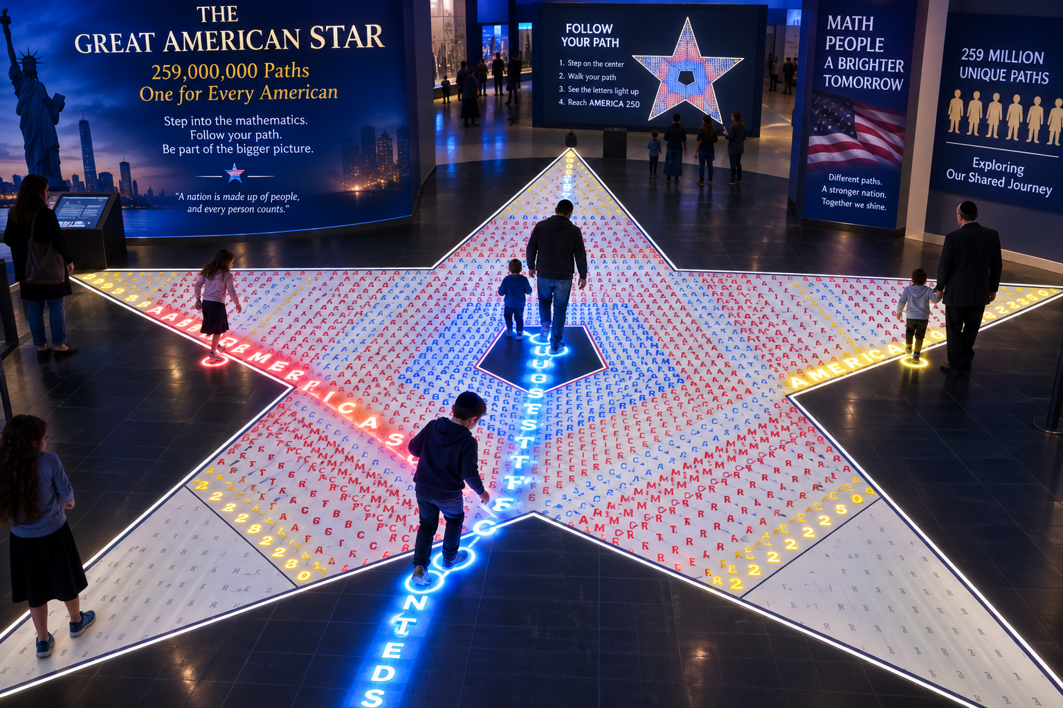 Concept visualization of a proposed immersive Great American Star exhibit with visitors following paths across the floor.